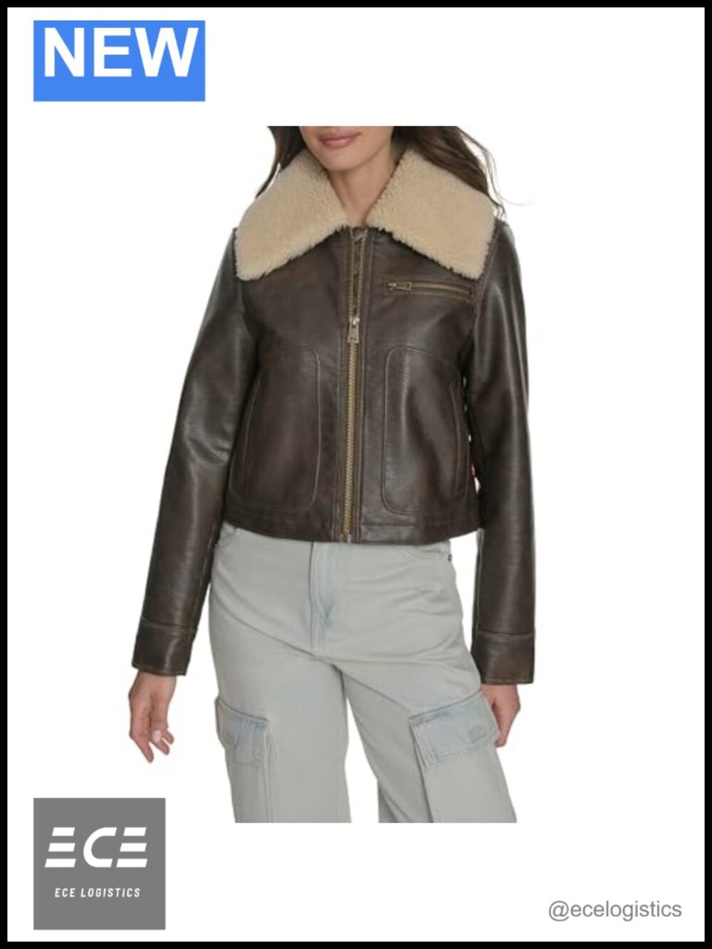 Faux Leather Aviator Jacket Quilted Lining Zip Front Chest Pockets